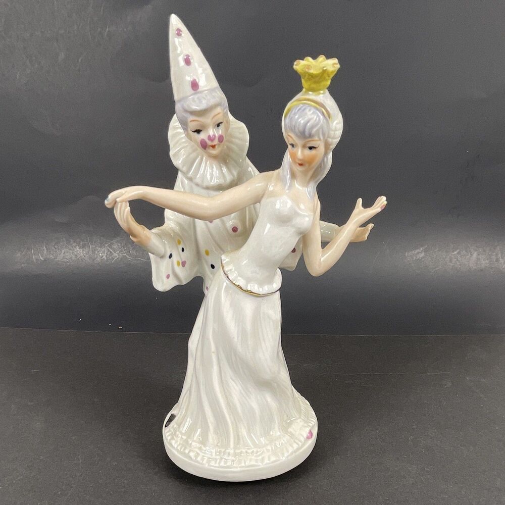 Vintage Porcelain Pierrot Clown & Ballerina Music Box Figurine - White & Gold